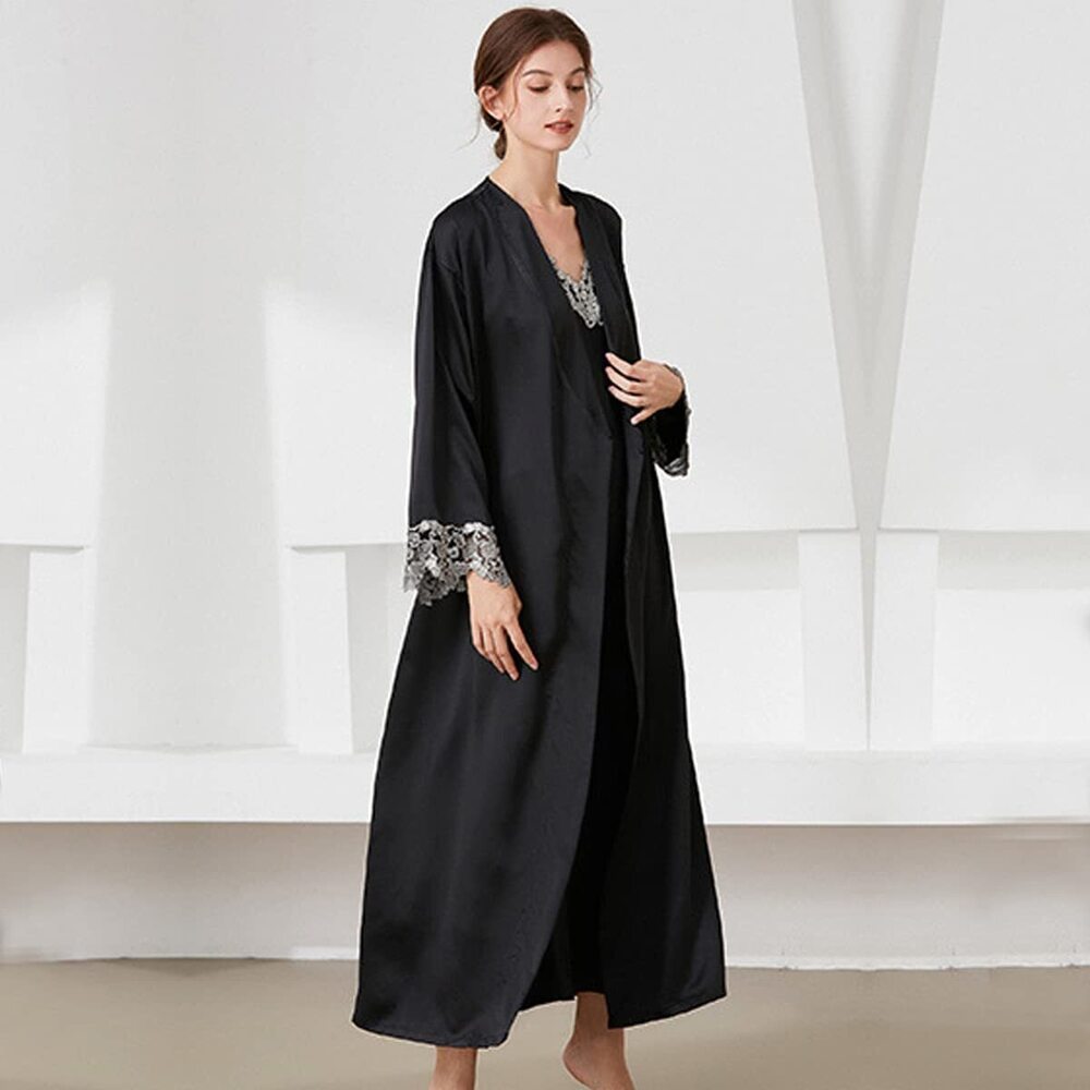 7908 2 Piece Satin Nightgowns and Robe Set Sexy Lace Silk Slip Dress Long - Picture 6 of 6